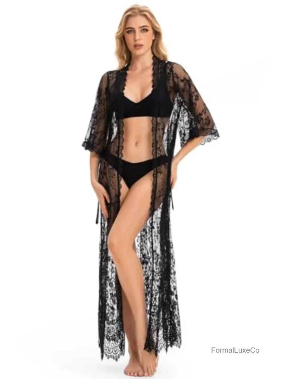 Sheer Lace Bell Sleeve Kimono Maternity Photoshoot Dress Duster Cardigan